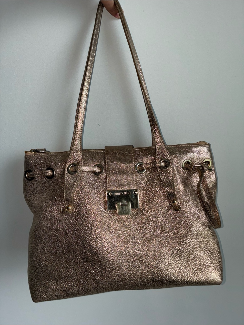 Jimmy Choo Metallic Shoulder Bag — Drawstring & Zip, Silver Hardware, Logo